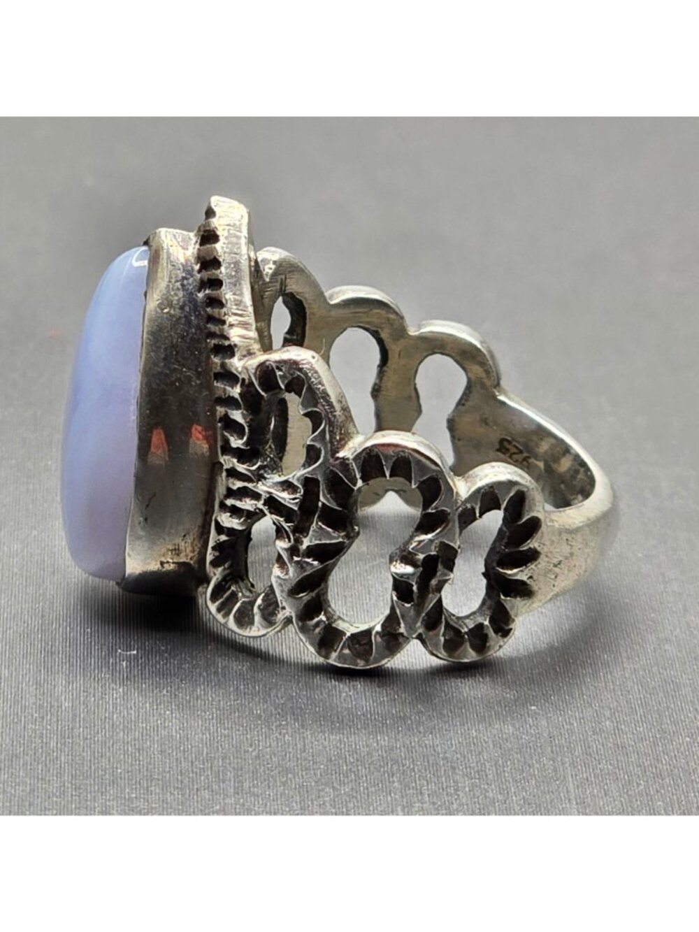 Vintage Sterling Silver Blue Lace Agate Ring Size 6.5 Brutalist Open Link Band - Picture 3 of 13